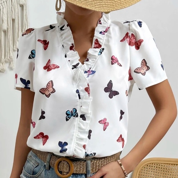 Tops - Boho Butterfly Print Frill Blouse